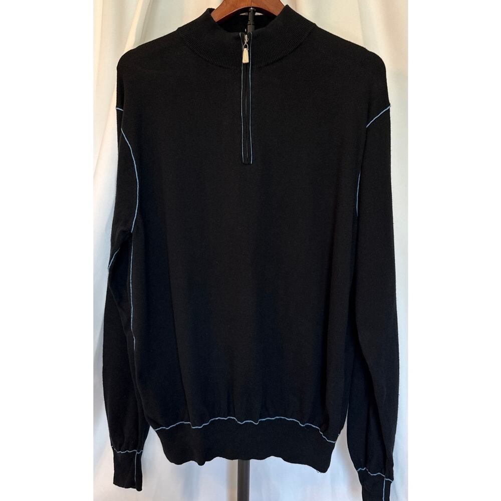 Peter Millar Mens 1/4 Zip Pullover Sweatshirt Black Blue Trim Cotton Cashmere M